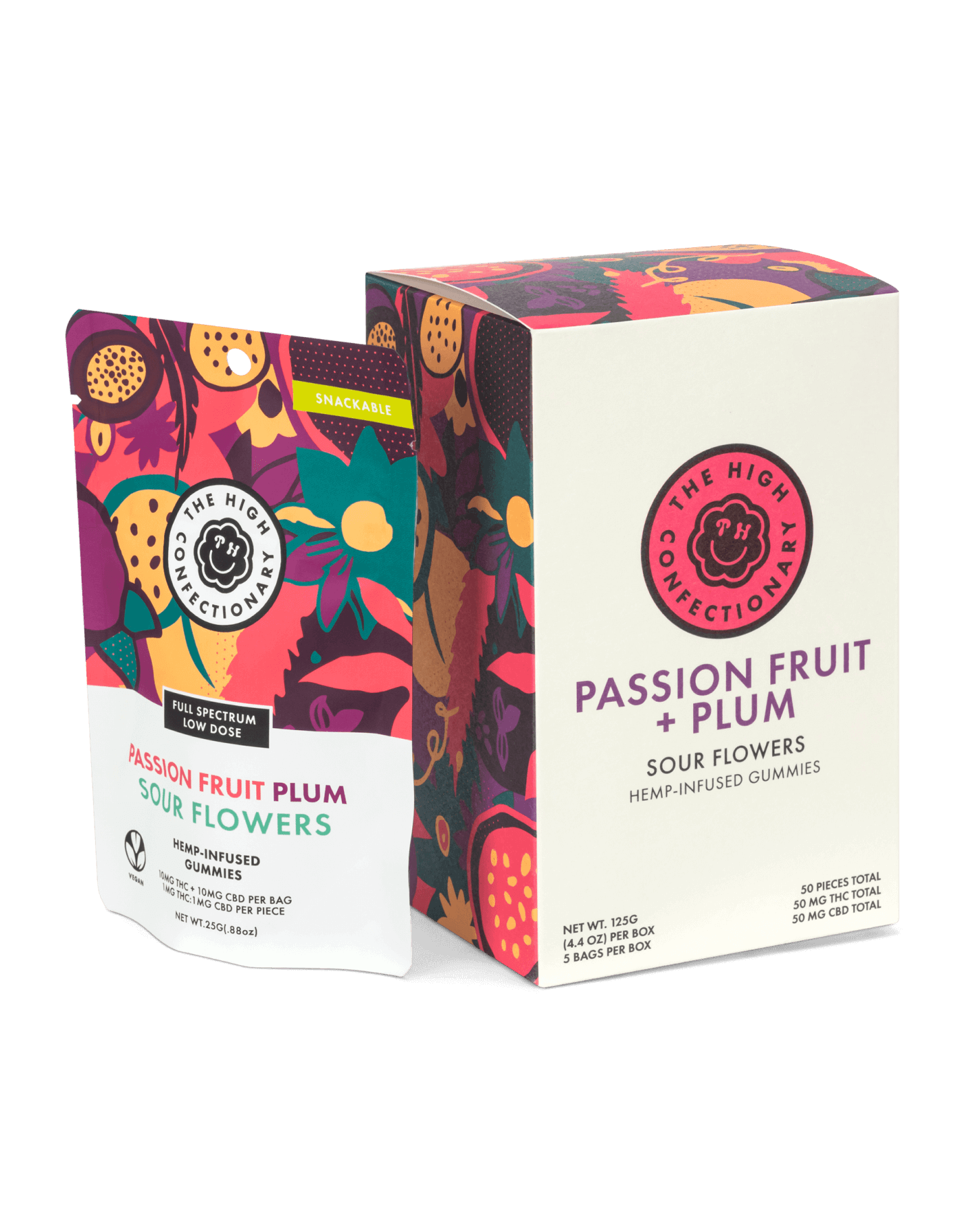 Passion Fruit Plum Anytime gummies — bag and single-piece packaging.