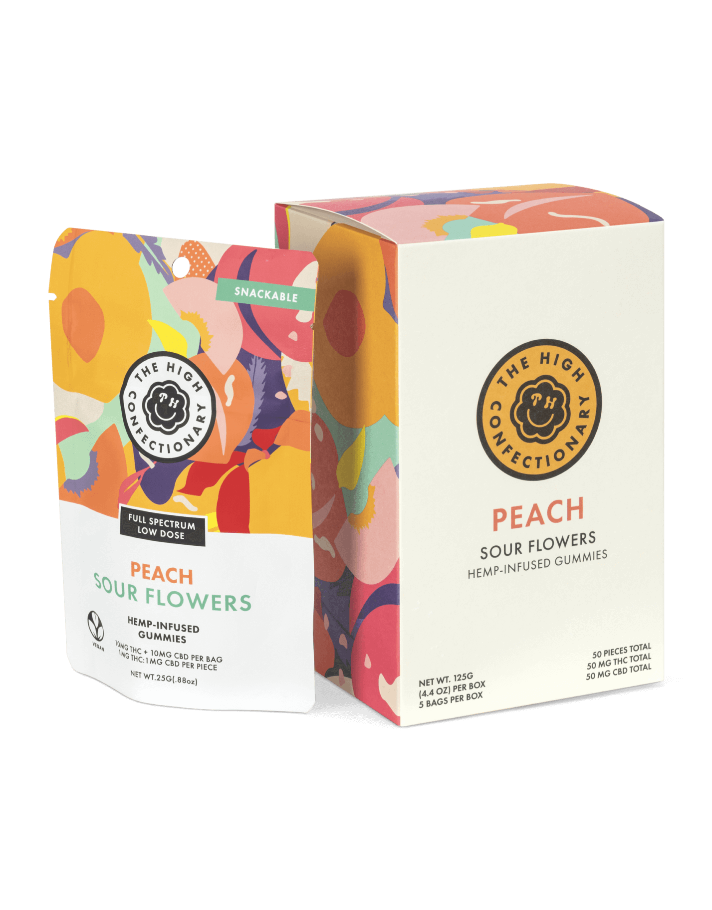 Peach Anytime gummies — bag and single-piece packaging.